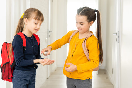 Back to school, schoolchildren hygiene, safety precautions after coronavirus. The schoolgirl is...