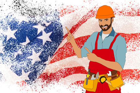 man on the background of the flag of america. man with flag of United States of America. American...