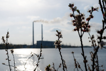 Panoramic view of power station Lukomlskaya Gres. Chimneys with smoke of power plant. Ecological...