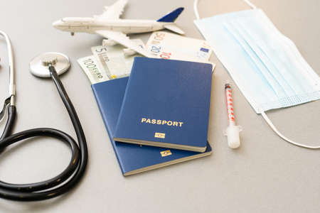 Airplane   with stethoscope using as travel and tourist impact with Virus outbreakの写真素材