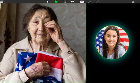 laptop monitor with video conference of people with us flag