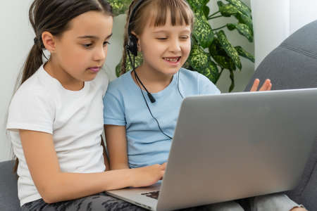 Little girls at home with laptop, video chatting with their friends.の写真素材