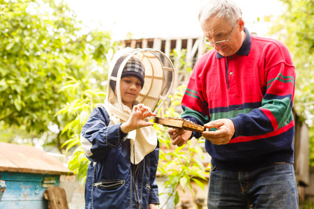 Experienced beekeeper grandfather teaches his grandson caring for bees. Apiculture. The concept of transfer of experienceの写真素材