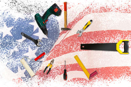 Labor Day Sale poster template. USA labor day celebration with American balloons flag, star and tools. Sale promotion advertising banner template for USA Labor Day Brochures,Poster or Bannerの写真素材