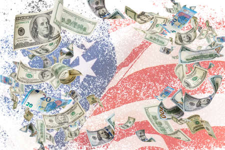 dollar against america flag background, economy, finance, USA, money.の写真素材