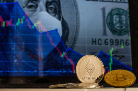 Bitcoin Ethereum Litecoin close up shotの写真素材