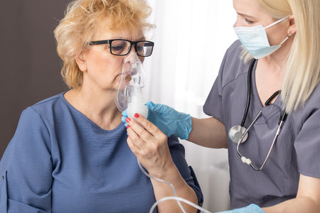 old female training to use inhaler medicine, doctor explain about how to use inhaler medicine,...
