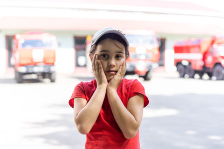 little girl near fire trucksの写真素材
