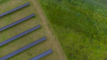 aerial view of solar power station, Aerial Top View of Solar Farm