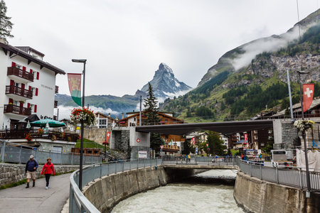 Zermat, Switzerland - August 12 2019: Shopping street in Zermatt city.のeditorial素材