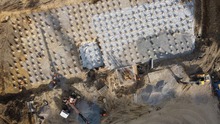 aerial panoramic view of city construction site.