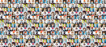 Many happy diverse ethnicity different young and old people group headshots in collage mosaic...