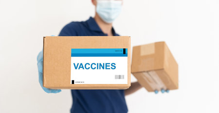 Close up of paper boxes with coronavirus vaccine, copy space, world pandemic, covid-19, quarantine,の写真素材