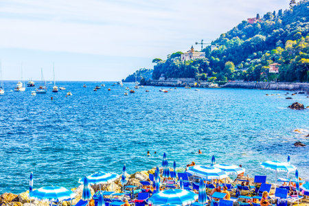 Landscape view of the little city and beach of Camogli in the mediterranean coast of Liguria in Italyのeditorial素材