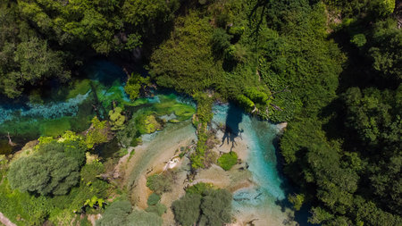 lake with blue water blue eye in albaniaの写真素材