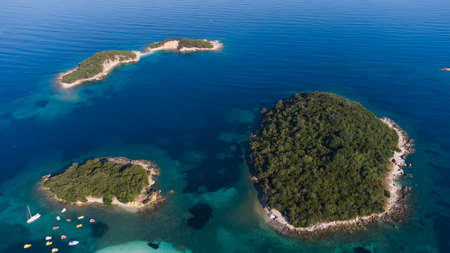 Beautiful aerial view of Ksamil from above islands and sea, Albanian Rivieraの写真素材