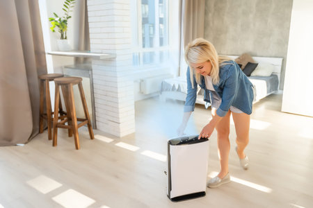 attractive woman with air purifier in the modern home.