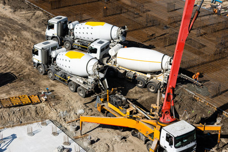 workers make metal reinforcement for the foundation