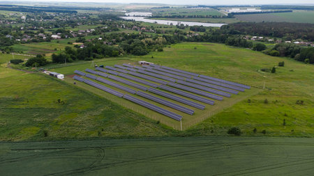 aerial view of solar power station, Aerial Top View of Solar Farm