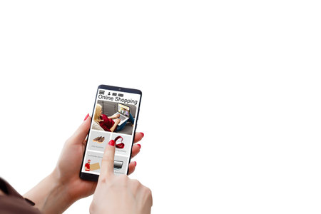 woman holding smartphone for online shopping on white background