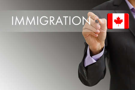 Concept of immigration to Canada with virtual button pressingの写真素材