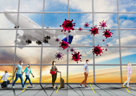 Social distancing, distance away from each other to prevent covid19 infection during pandemic in airport terminal.の写真素材