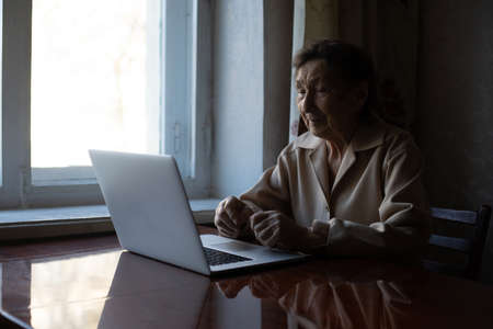 Happy senior woman sitting with her granddaughter looking at laptop making video call. Mature lady talking to webcam, doing online chat at home during self isolation. Family time during Coronaの写真素材