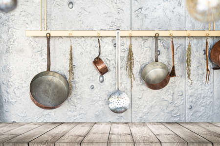 Baking ingredients placed on wooden table, ready for cooking. Copyspace for text. Concept of food preparation, kitchen on background.の写真素材