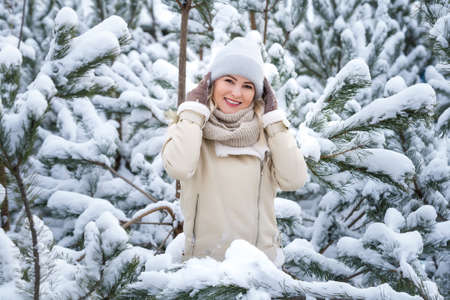Young laughing happy Caucasian woman and pine branches in winter forest. Positive emotions, walking in snowy weatherの写真素材