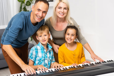 family playing synthesizer at home