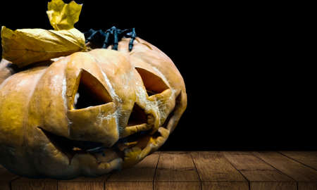 Dark interior of house decorated for Halloween pumpkins, webs and spidersの写真素材