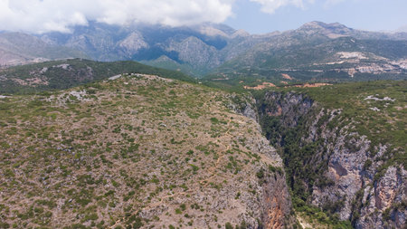 Aerial view of canyon at Gjipe beach, Himara, Albania, Albanian Rivieraの写真素材