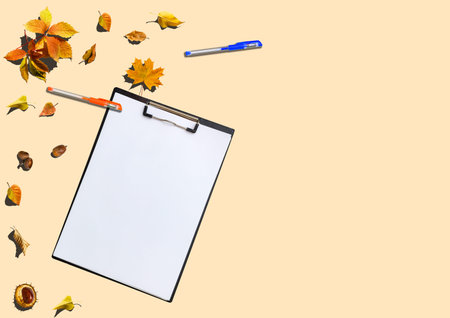 Autumn composition. Pumpkins, candles, dried leaves on white background. Autumn, fall, halloween concept. Flat lay, top view, copy spaceの写真素材