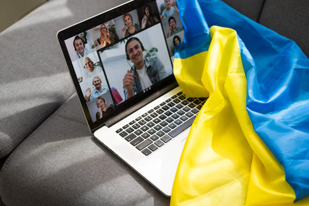 Flag of Ukraine on Laptop. Ukraine Flag on Screen.