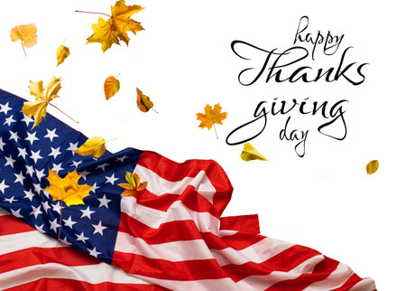 USA Thanksgiving Day waving flag on white backgroundの写真素材