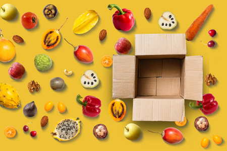 Fresh tasty healthy fruits, vegetables, empty box, collection set , isolated on a yellow background