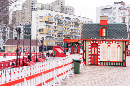 Kyiv, Ukraine - January 13, 2021: Street skating rink at the Christmas fair. Christmas Holidays at Palace Ukraineのeditorial素材