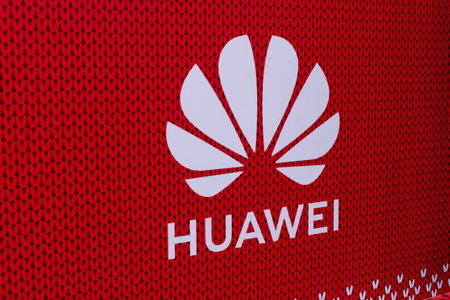 Kyiv, Ukraine - January 13, 2021: Huawei logo at the Christmas fair. Christmas Holidays at Palace Ukraine.のeditorial素材