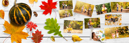 Collage autumn. family photos and yellow leaves.の写真素材
