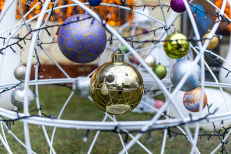 street Christmas decorations: a wreath with balls and garlandsの写真素材