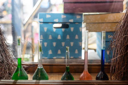 Chemistry laboratory. Conducting a chemical experiment. Experiments in the laboratory. Flasks and...