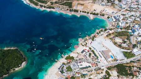 Beautiful aerial view of Ksamil from above islands and sea, Albanian Rivieraの写真素材