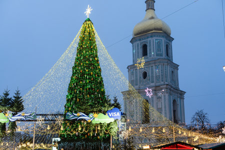 KYIV, UKRAINE - January 5, 2021: christmas tree and the Bell Tower of Saint Sofias Cathedralのeditorial素材