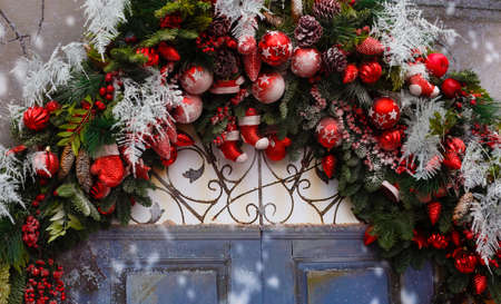 Rustic Christmas Decoration. Christmas background. Copy space. Flatlayの写真素材