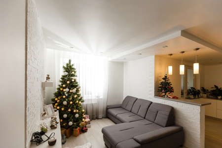 Christmas interior panorama, Christmas tree in the apartmentの写真素材