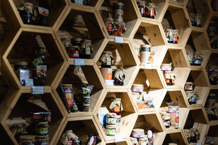 Interior of very old wine cellar with vintage wine pump and dried meat delicatessen.のeditorial素材