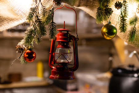 Christmas decor on wall background. sackclothの写真素材