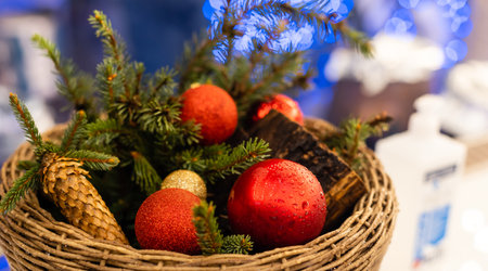 Christmas decorations basket with ballsの写真素材