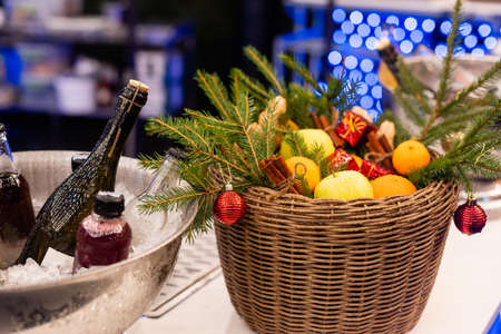 Christmas decorations basket with ballsの写真素材