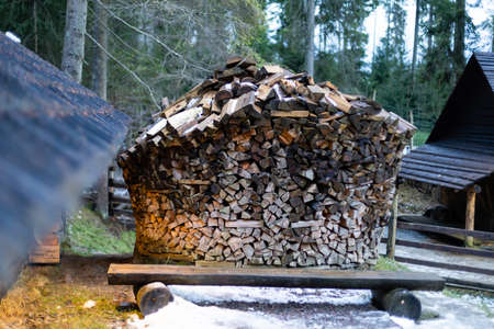Stacks of Firewood. Preparation of firewood for the winter. Pile of Firewood. Firewood backgroundの写真素材